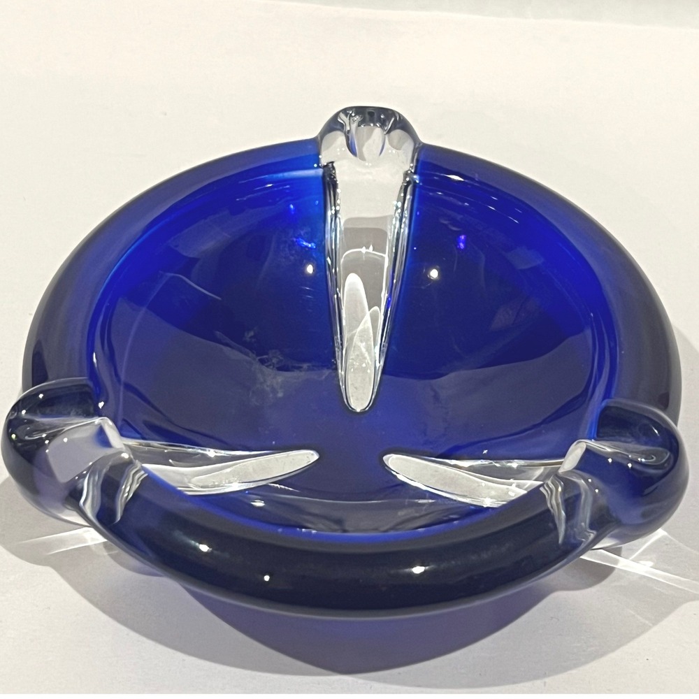 Vintage Cobalt Blue Glass Ashtray Clear Accents Mid Century Modern 5in